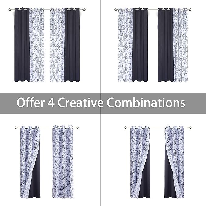 BONZER Mix and Match Curtains - 2 Pieces Branch Print Sheer Curtains and 2 Pieces Blackout Curtains for Bedroom Living Room Grommet Window Drapes, 37x63 Inch/Panel, Grey Dark, Set of 4 Panels
