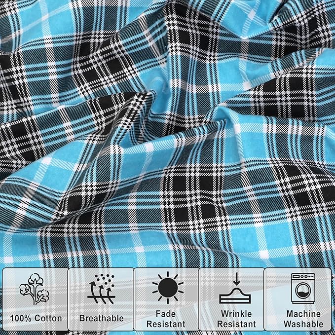 RUVANTI Flannel Sheets Queen Size - 100% Cotton Double Brushed Bed Sheets, Deep Pockets 16 Inches Queen Sheet Set, All Seasons Breathable & Extra Soft - Warm & Cozy, 4 Piece, Teal Plaid