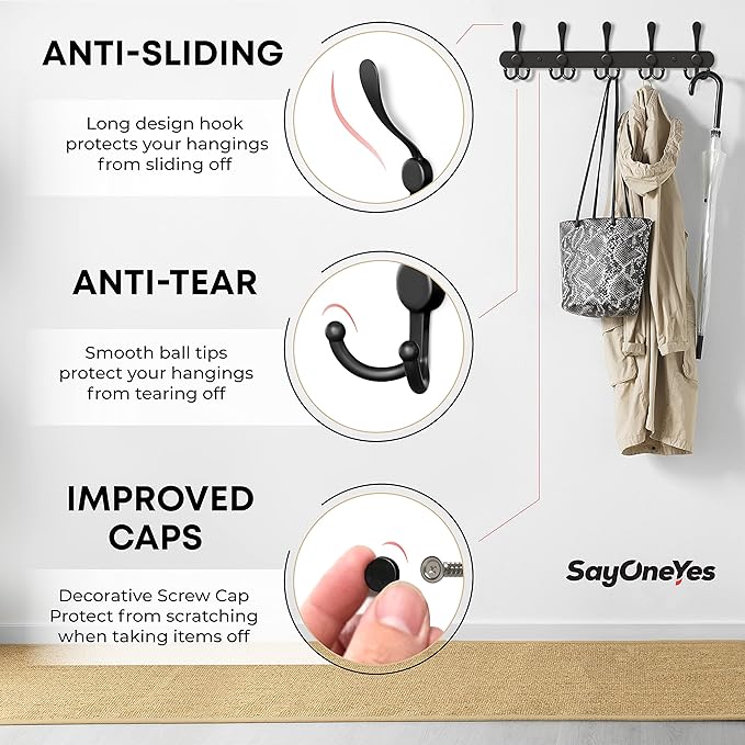 Coat Rack Wall Mount with 5 Tri Hooks, Stainless Steel 16 Inch – Black Matte Finish, Heavy Duty Wall Mounted Hook Rack for Coats, Hats, Towels, Scarfs, Robes, Bags, Entryway & Bathroom