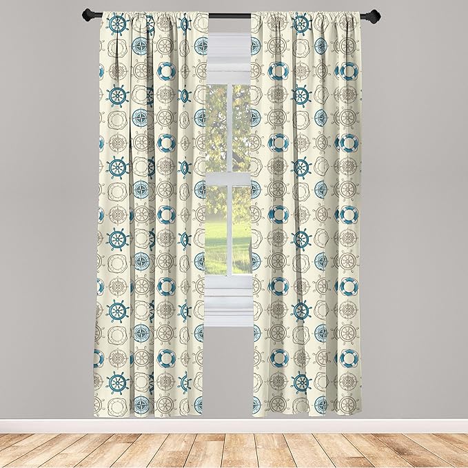 Ambesonne Compass Window Curtains, Marine Themed Doodle Art Vintage Inspirations Traveling Exploration Cruise Pattern, Lightweight Decor 2-Panel Set with Rod Pocket, Pair of - 28" x 95", Beige Teal