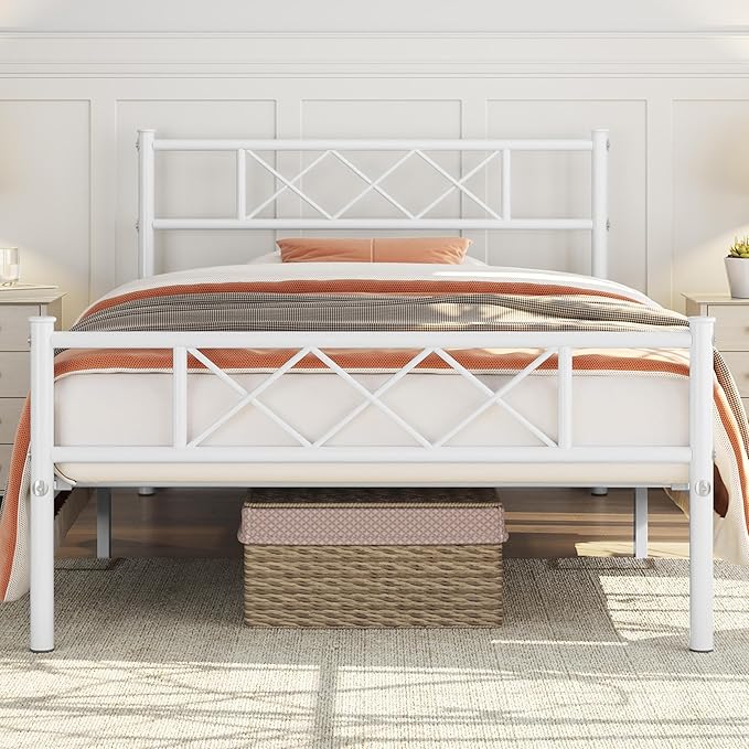 Yaheetech Twin Size Metal Platform Bed Frame with Simple Headboard and Footboard, Mattress Foundation for Under Bed Storage, Steel Slat Support, No Box Spring Needed, Easy Assembly, White