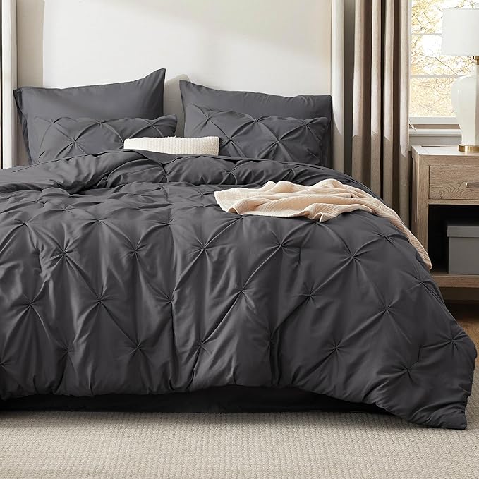 Bedsure California King Comforter Set - Bed in a Bag Cal King Bedding Set 7 PCS, GentleSoft™ Pintuck Bed Set Gift for Family, Pinch Pleat Dark Grey Comforter with Sheets, Pillowcases & Shams