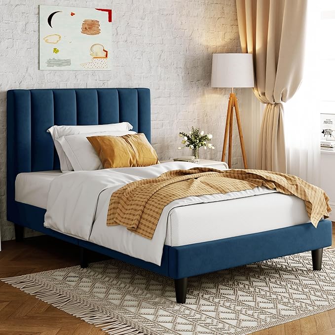 Allewie Twin Bed Frame/Velvet Upholstered Bed Frame with Vertical Channel Tufted Headboard/Strong Wooden Slats/Platform Bed Frame/Mattress Foundation/Box Spring Optional/Easy Assembly/Navy Blue