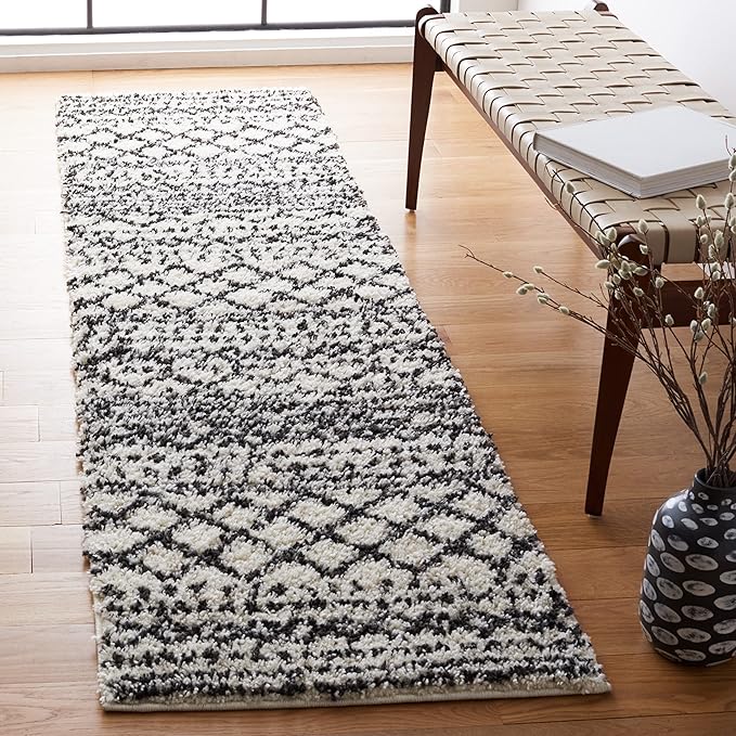 SAFAVIEH Arizona Shag Collection Runner Rug - 2'3" x 12', Ivory & Black, Moroccan Design, Non-Shedding & Easy Care, 1.6-inch Thick Ideal for High Traffic Areas in Living Room, Bedroom (ASG741Z)