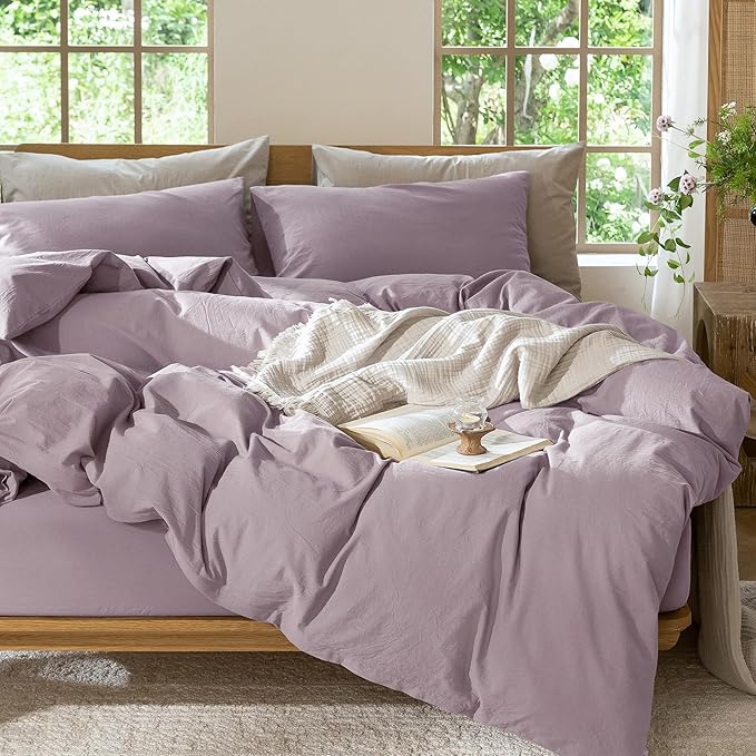 MooMee Bedding Duvet Cover Set 100% Washed Cotton Linen Like Textured Breathable Durable Soft Comfy (Solid Taro Purple, Super King 108"x98")