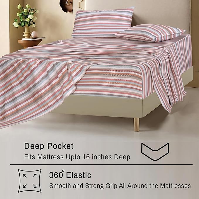 RUVANTI Flannel Sheets Queen Size - 100% Cotton Double Brushed Bed Sheets, Deep Pockets 16 Inches Queen Sheet Set, All Seasons Breathable & Extra Soft - Warm & Cozy, 4 Piece, Multi Chevron Stripe