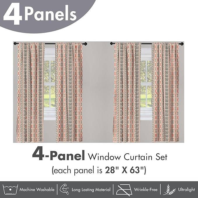 Ambesonne Southwestern Window Curtains Pack of 2, Traditional Vertical Borders Inspired by Prehistoric Art Ikat Style, Lightweight Set with Rod Pocket, 4 Panels of - 28" x 63", Brown Coral