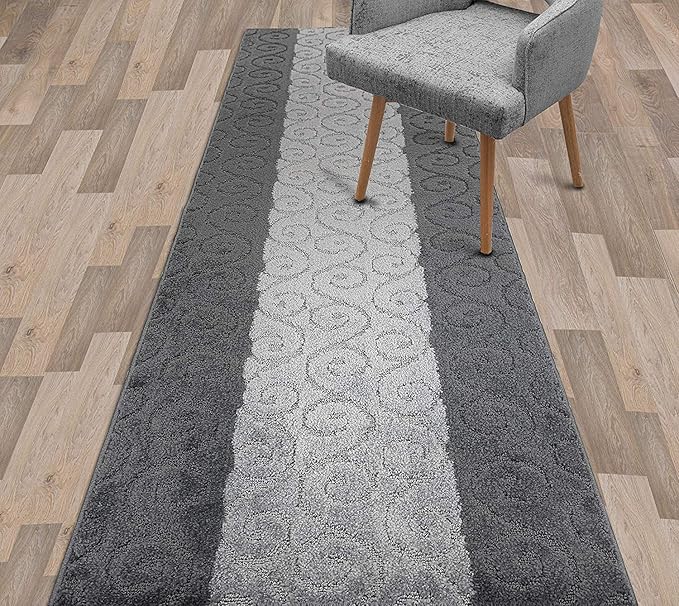 Custom Size Modern Runner Rug Carpet for Hallway Entryway Foyer Kitchen, Slip Resistant Latex Rubber Backed 31 inch Wide X Customized Length, Scroll Grey, 31 inch X 10 feet