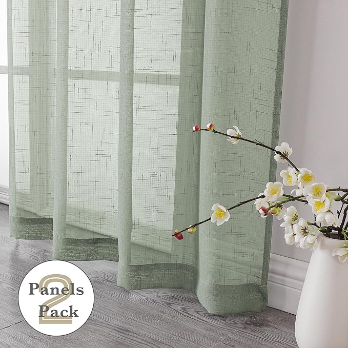 Aiyufeng Sage Green Sheer Curtains 45 Inch Length 2 Panels, Short Linen Curtains for Kitchen, Small Window Curtains Window Treatment Privacy with Light Filtering for Bathroom, Each 30Wx45L Inch, Green