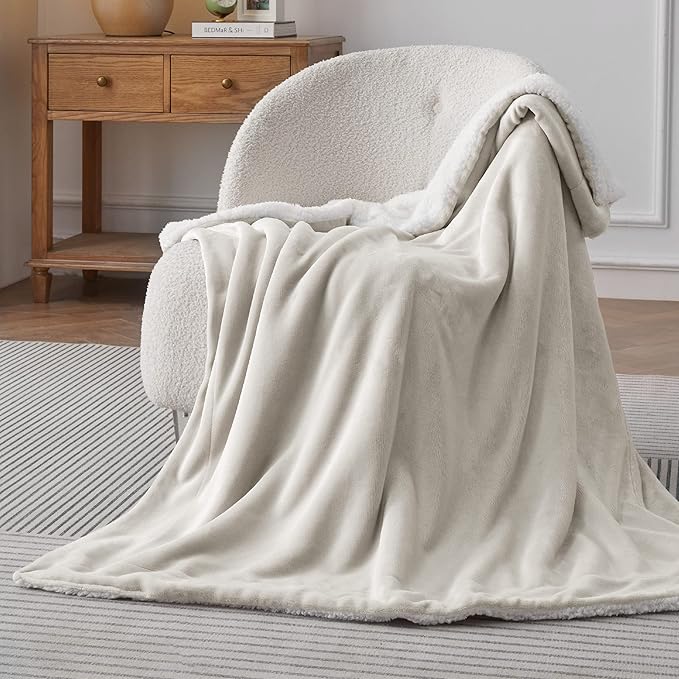Bedsure GentleSoft Sherpa Fleece Throw Blanket for Couch - Thick and Warm Throw for Women and Men, Soft Fuzzy Plush Blanket for Winter, Linen, 50x60 Inches