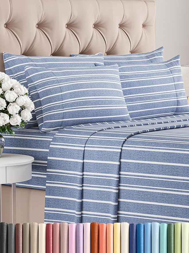 Queen 6 Piece Sheet Set - Comfy Breathable & Cooling - Soft Hotel Luxury Bedding Set with 8-16 Inch Deep Pockets - 1 Flat & 1 Fitted Sheet & 4 Pillowcases - Wrinkle Free & Easy Care - Blue Stripes 3