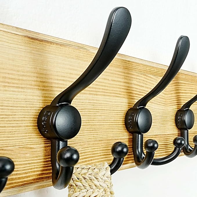 Dseap Coat Rack Wall Mount - Heavy-Duty Robust Rustic Wooden Wall Coat Hanger Hook Rail with 5 Triple Hooks for Winter Coats Hat Jacket Clothing, Light Brown & Black, Pack of 2