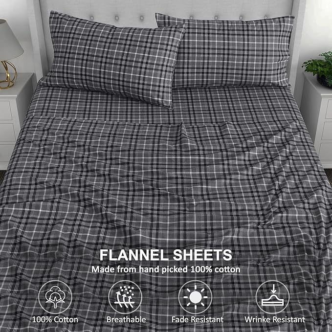 RUVANTI Flannel Sheets Queen Size - 100% Cotton Double Brushed Bed Sheets, Deep Pockets 16 Inches Queen Sheet Set, All Seasons Breathable & Extra Soft - Warm & Cozy, 4 Piece, Grey Plaid