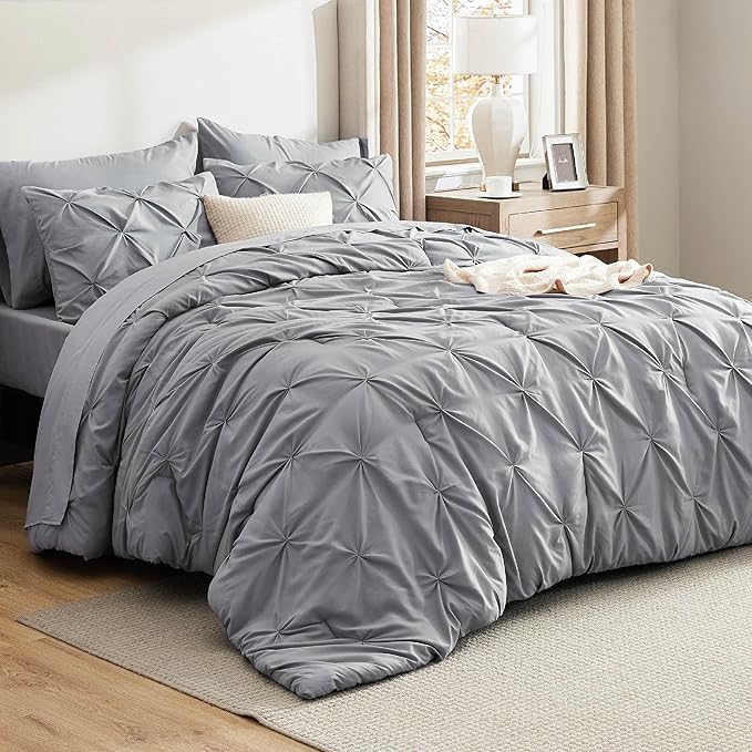 Bedsure Oversized Queen Comforter Set Grey - Bed in a Bag Bedding Set 7 Pieces, GentleSoft™ Pintuck Bed Set Gift for Family, Pinch Pleat All Season Comforter with Sheets, Pillowcases & Shams