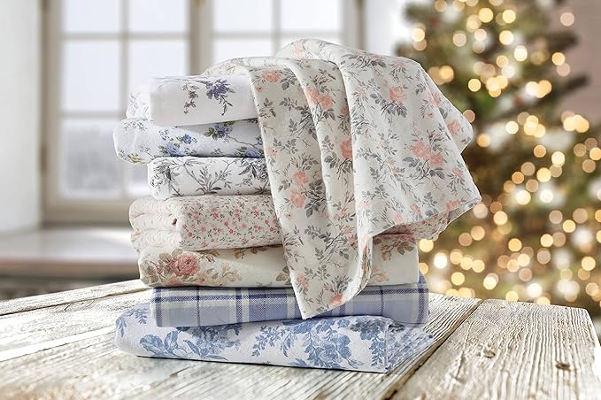 Laura Ashley - Flannel Sheets Full Size, Anti-Pilling & Wrinkle Resistant Cotton, Touchably Soft for All-Season Comfort - Bed Sheets with Matching Pillowcases & Fitted Sheet (Victoria Beige)