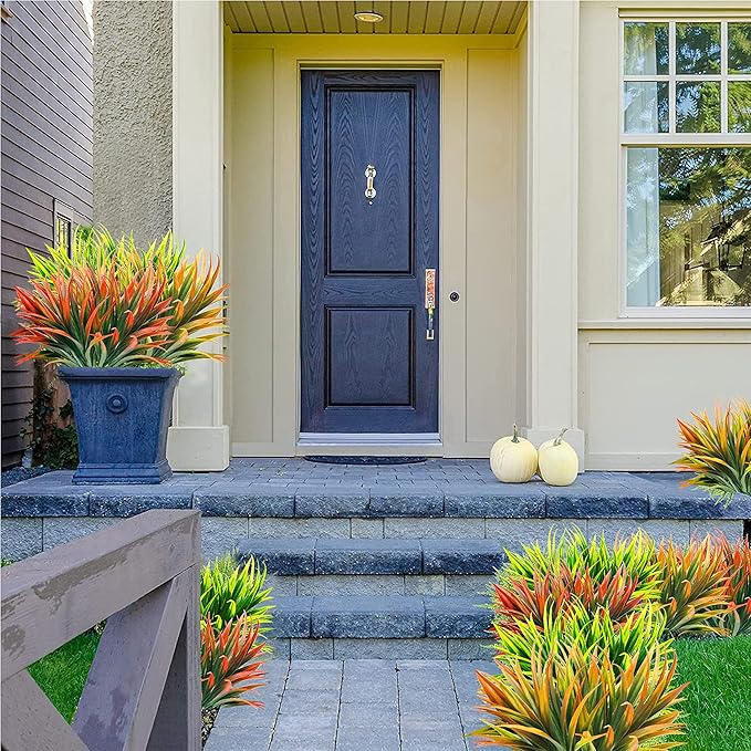 8pcs Artificial Fall Flowers Outdoor Decoration, Fake Fall Plants Outdoor Faux Yellow Grass, UV Resistant Bushes & Shrubs for Autumn Winter Front Porch Pathway Patio Yard (Orange)