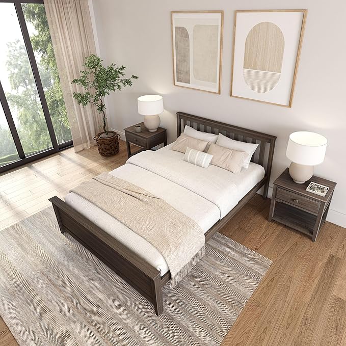 Plank+Beam Queen Bed Frame with Headboard, Wood Platform Bed, Adult Bedroom Furniture, Easy Assembly, No Box Spring Needed, Clay