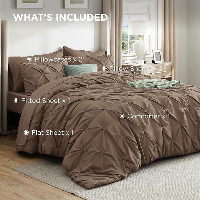 Bedsure King Size Comforter Set Brown - Bed in a Bag Bedding Set 7 Pieces, GentleSoft™ Pintuck Bed Set Gift for Family, Pinch Pleat Brown Comforter with Sheets, Pillowcases & Shams