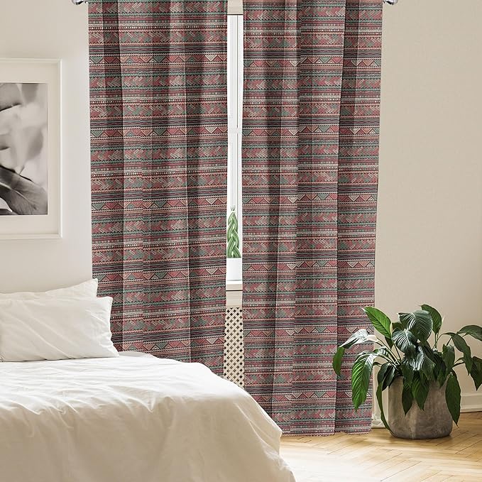 Ambesonne Boho Window Curtains, Hand Drawn Inspired Print of Triangles Colorful Latin American Folklore Motifs, Lightweight Decor 2-Panel Set with Rod Pocket, Pair of - 28" x 63", Maroon Coral