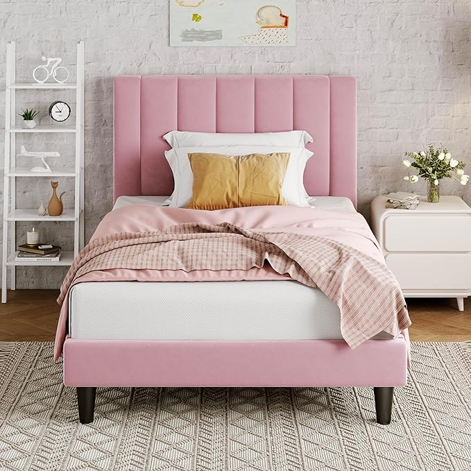 Allewie Twin Bed Frame/Velvet Upholstered Bed Frame with Vertical Channel Tufted Headboard/Strong Wooden Slats/Platform Bed Frame/Mattress Foundation/Box Spring Optional/Easy Assembly/Pink