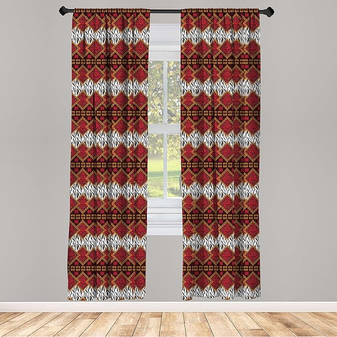 Ambesonne Savannah Curtains, Animal Skin Stripes as Diamond Shapes Pattern Wild Life Concept Native Art, Window Treatments 2 Panel Set for Living Room Bedroom, Pair of - 28" x 95", Red Brown