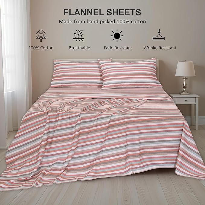 RUVANTI Flannel Sheets Queen Size - 100% Cotton Double Brushed Bed Sheets, Deep Pockets 16 Inches Queen Sheet Set, All Seasons Breathable & Extra Soft - Warm & Cozy, 4 Piece, Multi Chevron Stripe