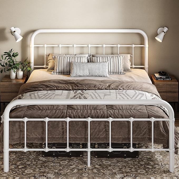 Allewie Full Size Metal Platform Bed Frame with Victorian Style Wrought Iron-Art Headboard/Footboard, No Box Spring Required，White