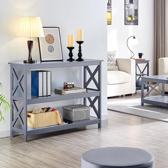 Yaheetech Console Table with 3 Storage Shelves, Entryway Table Sofa Side Table Narrow Long Bookshelf for Hallway Living Room, Accent Furniture, Gray