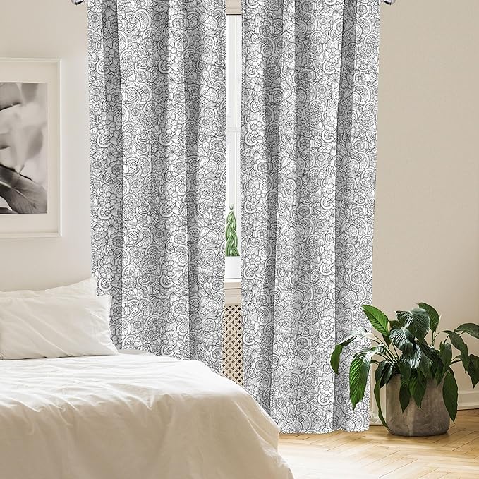 Ambesonne Black and White Window Curtains, Paisley Design with Sketch Style Flowers Leaves on Monochrome Background, Decor 2-Panel Set with Rod Pocket, Pair of - 28" x 63", White and Charcoal
