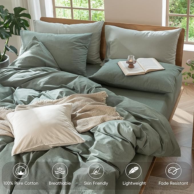 MooMee Bedding Duvet Cover Set 100% Washed Cotton Linen Like Textured Breathable Durable Soft Comfy (Heathered Green, Super King 108"x98")