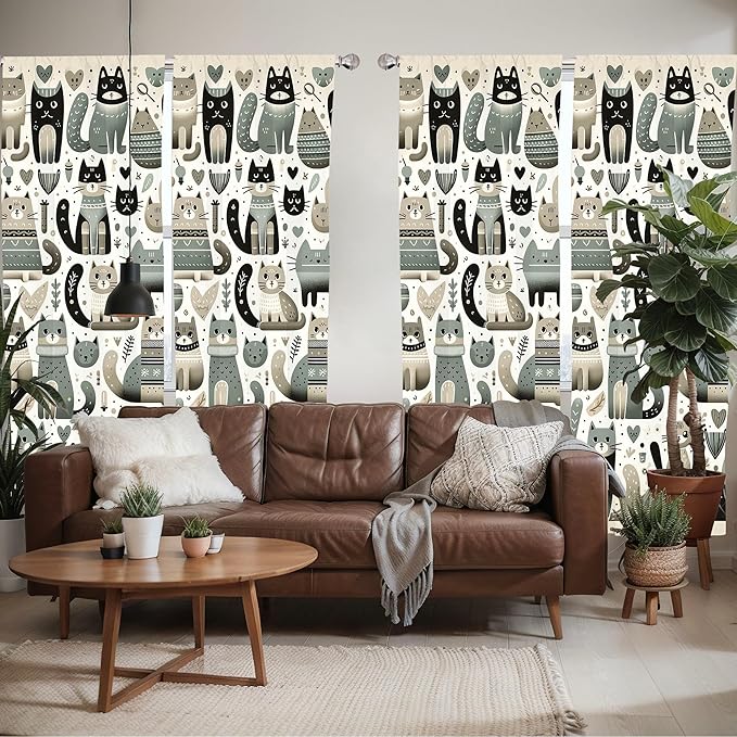 Ambesonne Cats Window Curtains Pack of 2, Modern Scandinavian Inspired Innocent Kitten Pattern with Leafy Details, Lightweight Set with Rod Pocket, 4 Panels of - 28" x 63", Pale Teal Pale Khaki Grey