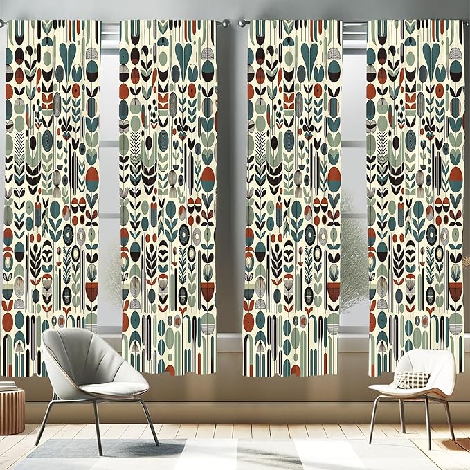 Ambesonne Leafy Art Window Curtains Pack of 2, Scandinavian Leaves Pattern with Geometric Roundy Modern Boho Print, Lightweight Set with Rod Pocket, 4 Panels of - 28" x 84", Pale Green Redwood Teal