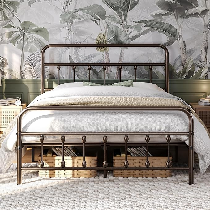 Yaheetech Classic Metal Platform Bed Frame Mattress Foundation with Victorian Style Iron-Art Headboard/Footboard/Under Bed Storage/No Box Spring Needed/Queen Size Bronze