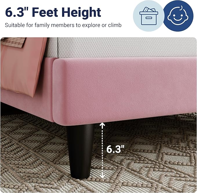 Allewie Twin Bed Frame/Velvet Upholstered Bed Frame with Vertical Channel Tufted Headboard/Strong Wooden Slats/Platform Bed Frame/Mattress Foundation/Box Spring Optional/Easy Assembly/Pink