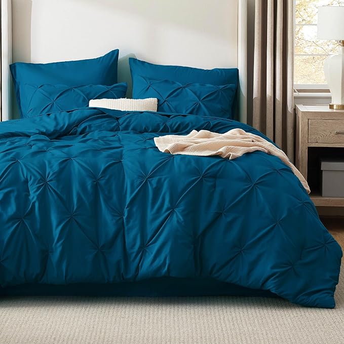 Bedsure Twin Comforter Set Teal - Bed in a Bag Twin Size Bedding 5 Pieces, GentleSoft™ Pintuck Bed Set Gift for Family, Pinch Pleat Teal Comforter with Sheets, Pillowcase & Sham