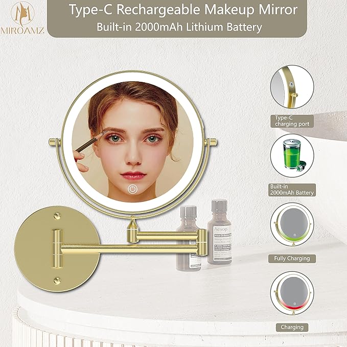 Rechargeable Wall Mounted Lighted Makeup Vanity Mirror 9 Inch Double Sided 1X 10X Magnifying Bathroom Mirror, 3 Color Lighting, Touch Screen Dimming, 360 Rotation Shaving Mirror Gold