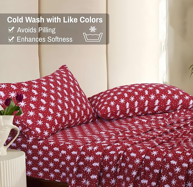 RUVANTI Flannel Sheets King Size - 100% Cotton Brushed King Size Sheets Set - Deep Pockets 16 Inches Bed Sheets - All Seasons Breathable & Extra Soft - Warm & Cozy, 4 Piece, Red Christmas