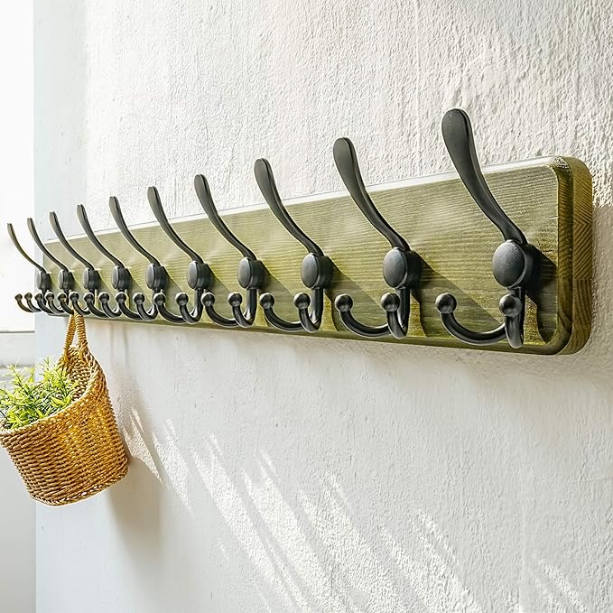 Dseap Coat Rack Wall - Heavy-Duty 38-1/4" Long, with Reinforced 10 Custom Tri-Hooks, Solid Wood Wall Hanger for Coats Hat Jackets - Rustic Farmhouse Entryway Hallway Storage, Weathered Green & Black