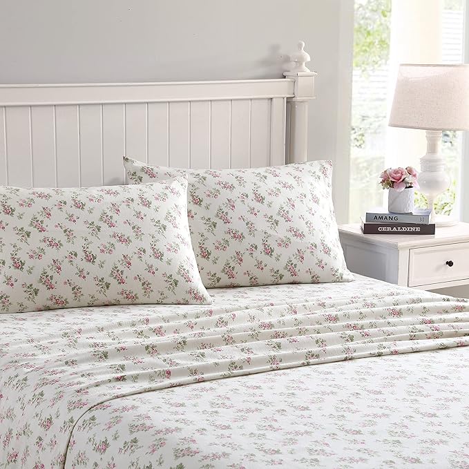 Laura Ashley Home | Flannel Collection | Premium Ultra Soft Cozy Lightweight Cotton Flannel Bedding Sheet Set, Wrinkle, Anti-Fade, Stain Resistant & Hypoallergenic, Twin, Audrey Pink (201589)