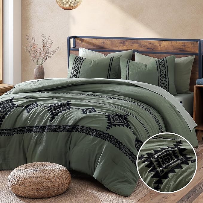 MaiRêve Olive Green Embroidery Comforter Sets Full Size - 7 Piece, Farmhouse Western Boho Comforter Set, All Season Bed in A Bag Full with Sheets, Pillowcases & Shams