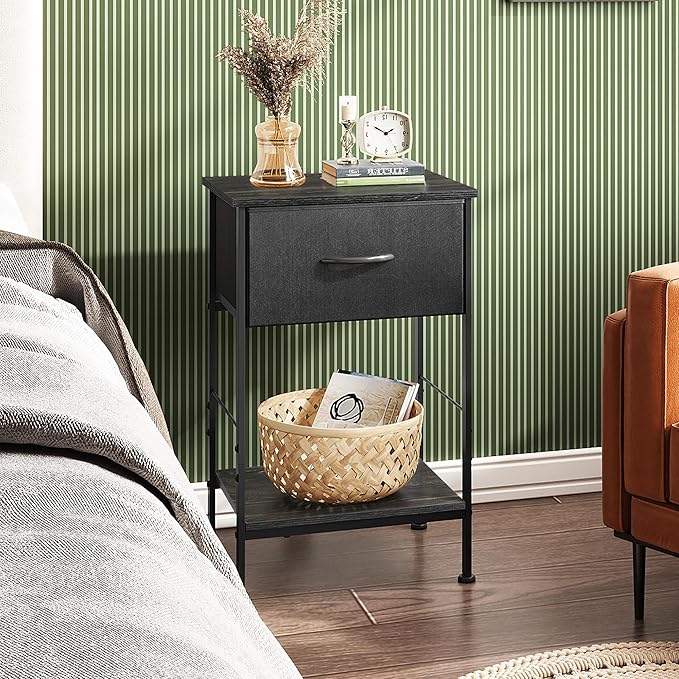 WLIVE Black Nightstand, Bedside Table with Fabric Storage Drawer, Open Wood Shelf, Night Stand for Bedroom Furniture, End Table for Dorm, Entryway, 25.03" Height