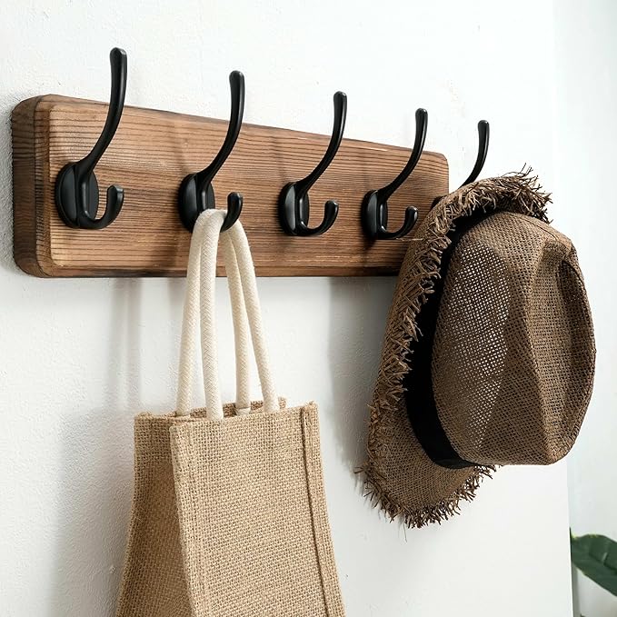 SKOLOO Rustic Wall Mounted Coat Rack, Case of 2, Pine Solid Wood Coat Hook Hanger - 5 Hooks for Hanging Clothes Robes Towels Coats
