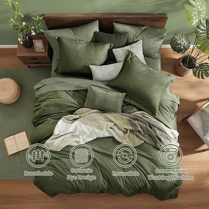 Monbix Twin XL Comforter Set Olive Green, Cationic Dyeing Bedding Set Reversible 5 Pieces, All Season Bed in a Bag with Comforter, Sheets, Pillowcase & Sham