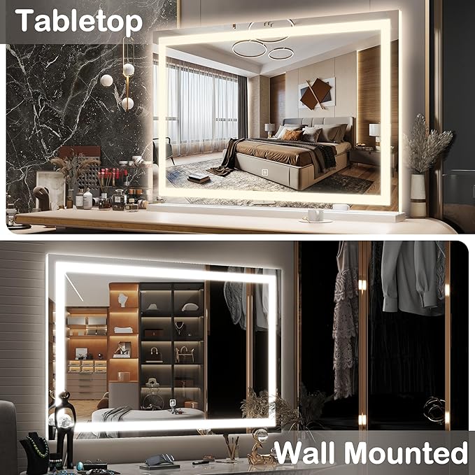 FENNIO Large Vanity Mirror with Lights，32" x 22"Lighted Makeup Mirror, Large Makeup Mirror with Lights, Touch Sensor with Dimmable 3 Modes， Vanity Mirror Square White