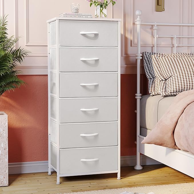 Crestlive Products Tall Dresser for Bedroom Vertical Storage Tower - Sturdy Steel Frame, Wood Top, Easy Pull Fabric Bins, Handles - Organizer Unit for Hallway, Entryway, Closets - 6 Drawers (White)