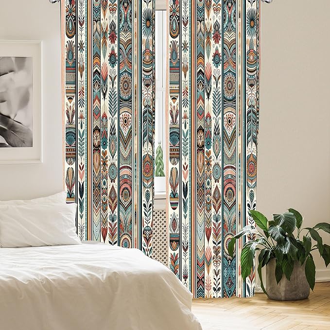 Ambesonne Ethnic Curtains, Folkloric Style Floral Ornaments with Bohemian Oriental Motifs as Stripes, Window Treatments 2 Panel Set for Living Room Bedroom, Pair of - 28" x 63", Teal Coral and Orange