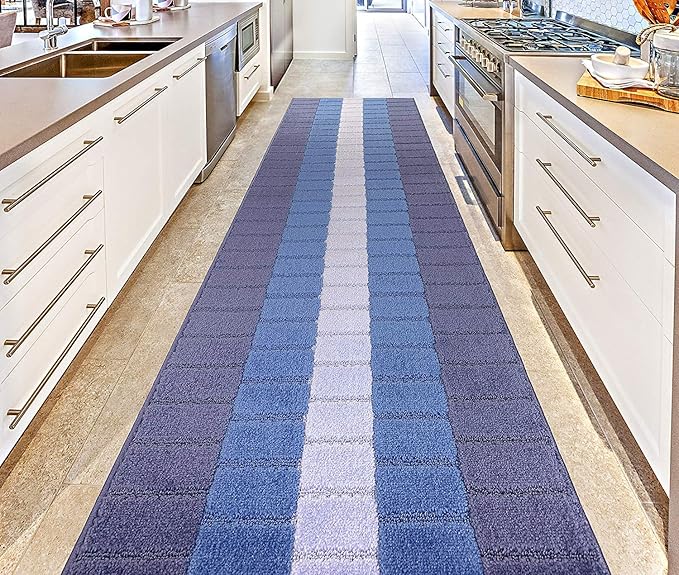 Custom Size Coastal Nautical Style Runner Rug Carpet for Hallway Entryway, Slip Resistant Latex Rubber Backed, 31 inch Wide X Customized Length, Squares Blue, 31 inch X 31 feet