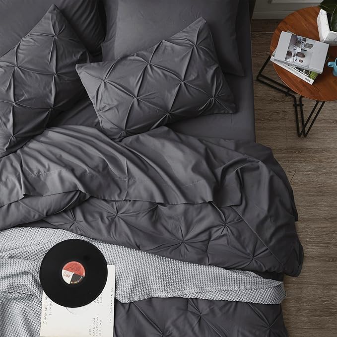 Bedsure King Size Comforter Set Dark Grey - Bed in a Bag Bedding Set 7 Pieces, GentleSoft™ Pintuck Bed Set Gift for Family, Pinch Pleat Dark Grey Comforter with Sheets, Pillowcases & Shams