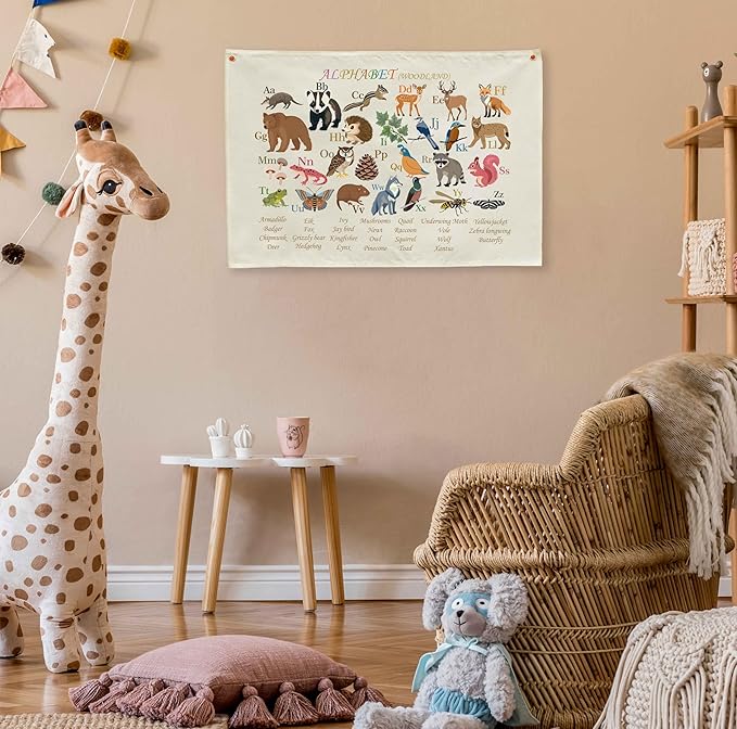 Alphabet poster for Nursery Toddlers, Play Room Wall Decor, ABC Wall Chart, Wall Hanging Decor for Toddler Playroom Decor Kids Wall Decor, Woodland Alphabet-Rectangle Banner Flag Wall Sign Decor Gift