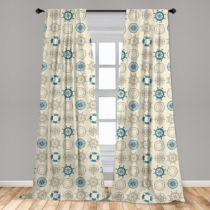 Ambesonne Compass Window Curtains, Marine Themed Doodle Art Vintage Inspirations Traveling Exploration Cruise Pattern, Lightweight Decor 2-Panel Set with Rod Pocket, Pair of - 28" x 84", Beige Teal